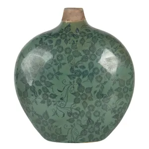 Zelená váza Camil s květy a patinou  - 23*11*26 cm 6CE1251M