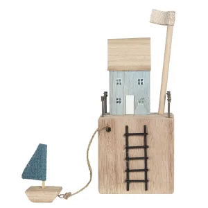 Dřevěná dekorace domku s loďkou - 11*7*11/27 cm 6H1946