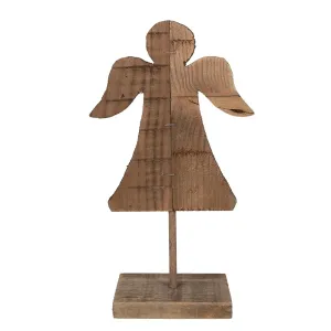 Hnědá antik dřevěná dekorace Anděl na podstavci - 18*8*30 cm 6H2374