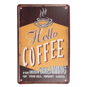 Hnědá nástěnná kovová cedule Hello Coffee  - 20*1*30 cm 6Y5333