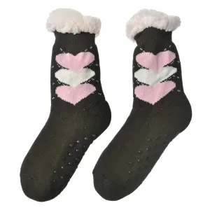 Hnědé teplé ponožky se srdíčky - one size JZSK0019CH