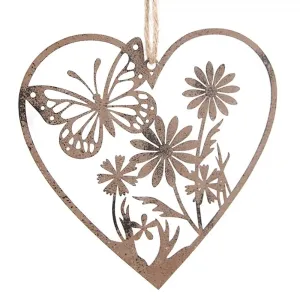 Hnědý kovový ozdobný závěs srdce s motýlkem a květy - 11*1*11 cm 6Y5564
