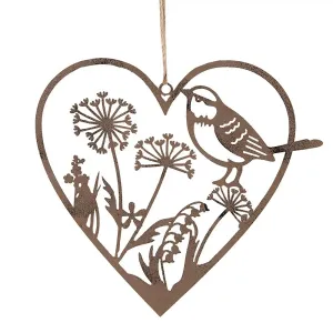 Hnědý kovový ozdobný závěs srdce s ptáčkem a květy - 16*1*15 cm 6Y5565