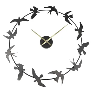 Černé antik nástěnné kovové hodiny s ptáčky - 69*4*66 cm / 1*AA 5KL0227
