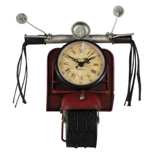 Červené kovové hodiny ve tvaru motorky - 19*12*25 cm 6KL0740