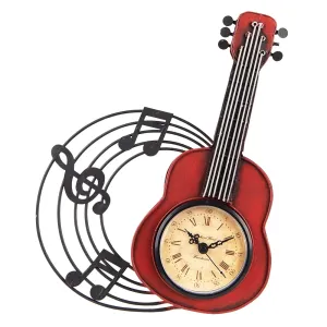Nástěnné kovové hodiny červená kytara Guitar - 28*4*22 cm / 1*AA 6KL0750