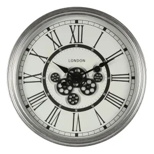 Stříbrné antik nástěnné hodiny s ozubenými kolečky London - Ø 60*10 cm 5KL0203
