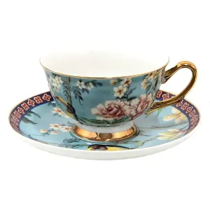 Modrý porcelánový šálek s podšálkem s květy a Tukanem - 12*10*6 cm / Ø 15*2 cm / 200 ml 6CE1476