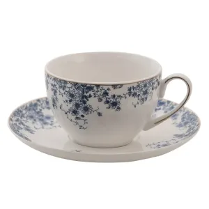 Porcelánový šálek s podšálkem s modrými květy Blue Flowers - 12*9*5 cm / Ø 15*2 cm / 200ml BFLTKS