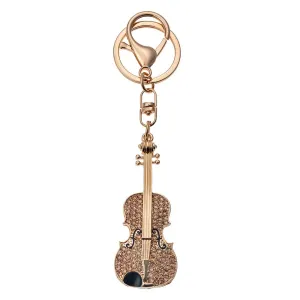 Zlatý přívěsek na klíče/ kabelku housle se zlatými kamínky JZKC0126