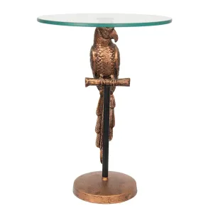 Měděný antik odkládací stolek s papouškem a skleněnou deskou Parrot - Ø 38*53 cm 6AL0059