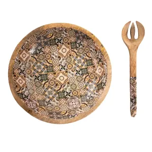Dřevěná servírovací mísa se salátovou vidličkou a vnitřkem s ornamenty - Ø30*7 cm 6H2165