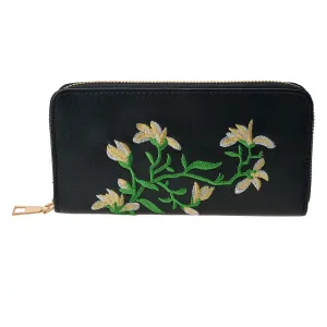 Černá sametová peněženka s vyšívanou květinou - 16*10 cm MLPU0261