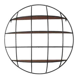 Černý kovový kulatý nástěnný stojan s dřevěnými poličkami - 91*20 cm 5Y0897
