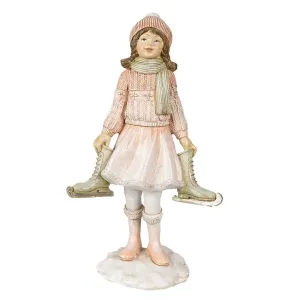 Růžová vánoční dekorace socha děvče s bruslemi - 13*9*21 cm 6PR3945