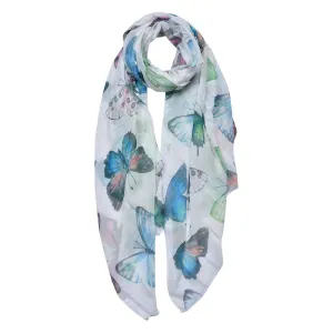 Bílo-modrý dámský šátek s potiskem motýlků - 70*180 cm JZSC0699