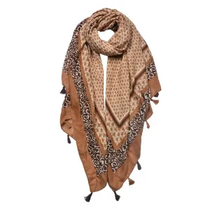 Hnědý dámský šátek s ornamenty a střapci - 90*180 cm JZSC0749CH
