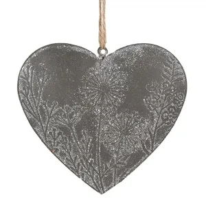 Šedé antik plechové ozdobné závěsné srdce s květy - 11*2*10 cm 6Y5572