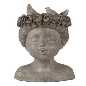 Šedý antik květináč hlava ženy s růžemi a ptáčky - 22*20*26 cm 6PR3896