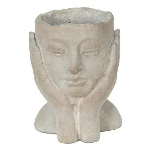 Šedý cementový květináč hlava ženy v dlaních S - 13*13*18 cm 6TE0410S