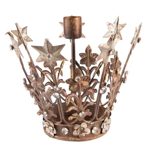 Měděno - hnědý antik kovový svícen koruna Crown s kamínky - Ø 17*15 cm 6Y5445