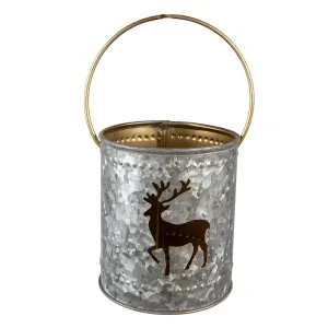 Šedý  plechový svícen na čajovou svíčku s jelenem a držadlem - Ø 9*10 cm 6Y5396