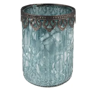 Tyrkysový skleněný svícen na čajovou svíčku se zdobným okrajem - Ø 11*14 cm 6GL3986
