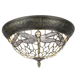 Bílé stropní Tiffany světlo s vážkami Dragonfly - Ø 38*20 cm E14/max 2*25W 5LL-6265