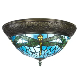 Modré stropní Tiffany světlo s vážkami Dragonfly - Ø 38*20 cm E14/max 2*25W 5LL-6263