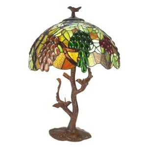 Zelená stolní lampa Tiffany s hroznovým vínem a ptáčky Poulien - Ø 41*58 cm E27/max 2*60W 5LL-6130