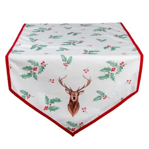 Běhoun na stůl Holly Christmas s červeným lemem a jelenem - 50*160 cm HCH65