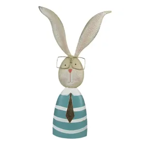 Veliká kovová dekorace králík v pruhovaném triku s brýlemi - 30*11*67 cm 5Y0998