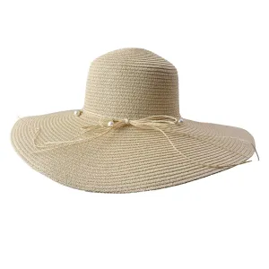 Béžový sluneční dámský klobouk s mašlí z provázků a perličkami JZHA0074BE