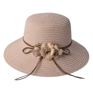 Růžový sluneční dámský klobouk s mašlí a květy - 56 cm JZHA0055P