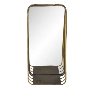 Zlaté podlouhlé zrcadlo v kovovém rámu s dřevěnou poličkou Gold - 19*11*39 cm 62S222