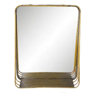Zlaté retro zrcadlo v kovovém rámu s dřevěnou poličkou Gold - 34*11*42 cm 62S221