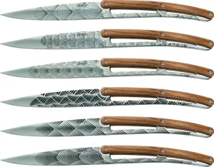 Deejo sada 6 stealpvácj nožů, lesklý povrch, olivové dřevo, design 