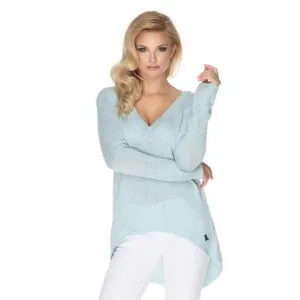 Asymetrický modrý sveter pre dámy s V-výstrihom