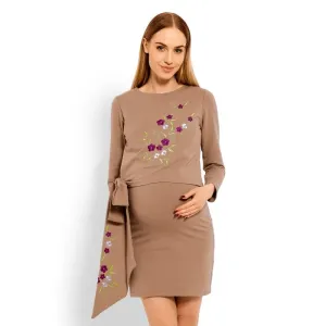 Cappuccinové těhotenské a kojící šaty s vyšívanými květinami a mašlí