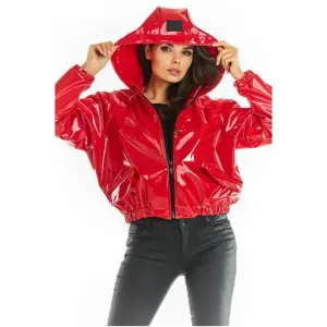 Červená vinylová krátká bunda s kapucí pro dámy