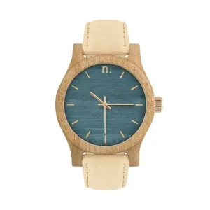 Dámské dřevěné hodinky s koženým páskem v béžovo-modré barvě