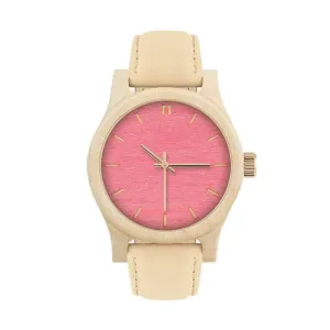 Dámské dřevěné hodinky s koženým páskem v béžovo-růžové barvě
