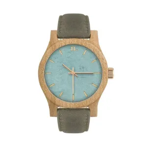 Dámské dřevěné hodinky s koženým páskem v šedo-modré barvě