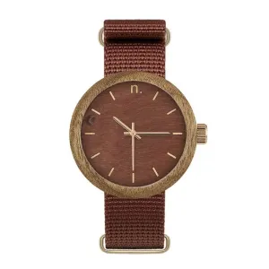 Dámské dřevěné hodinky s textilním řemínkem v hnědé barvě