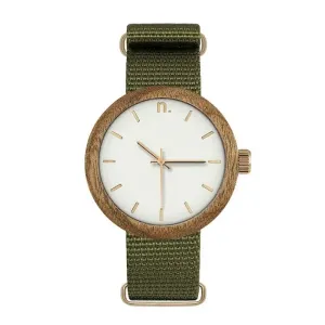Dámské dřevěné hodinky s textilním řemínkem v zeleno-bílé barvě
