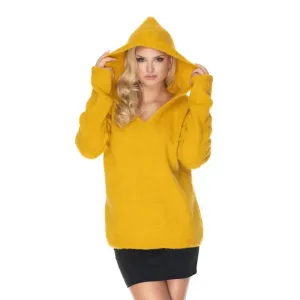 Dámský měkký svetr s kapucí v žluté barvě s výstřihem