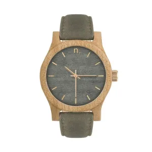 Dřevěné dámské hodinky šedé barvy s koženým páskem
