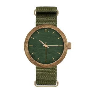 Dřevěné dámské hodinky zelené barvy s textilním řemínkem