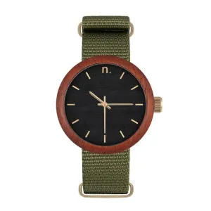 Dřevěné dámské hodinky zeleno-černé barvy s textilním řemínkem