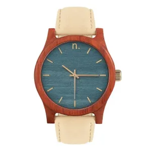 Dřevěné pánské hodinky béžovo-modré barvy s koženým řemínkem